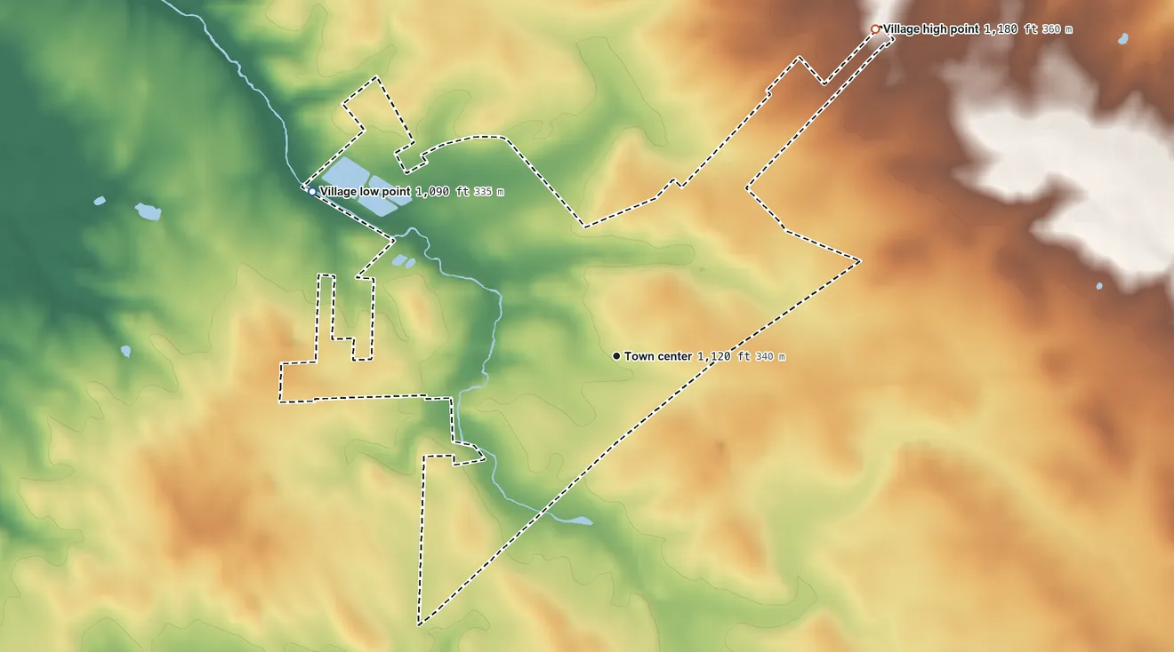 Topographic elevation map of New Vienna, Ohio, shaded from 1,090 ft on the northwest side to 1,180 ft on the northeast side