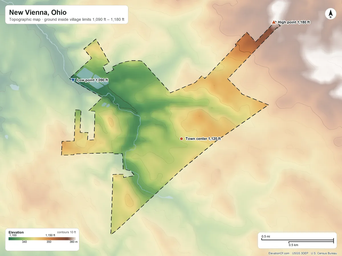 Topographic elevation map of New Vienna, Ohio, shaded from 1,090 ft on the northwest side to 1,180 ft on the northeast side