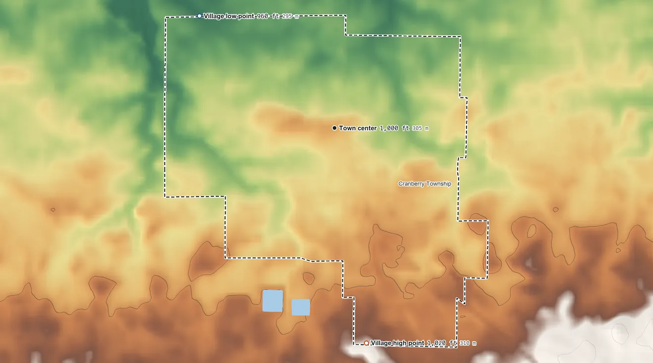 Topographic elevation map of New Washington, Ohio, shaded from 960 ft on the northwest side to 1,020 ft on the south side