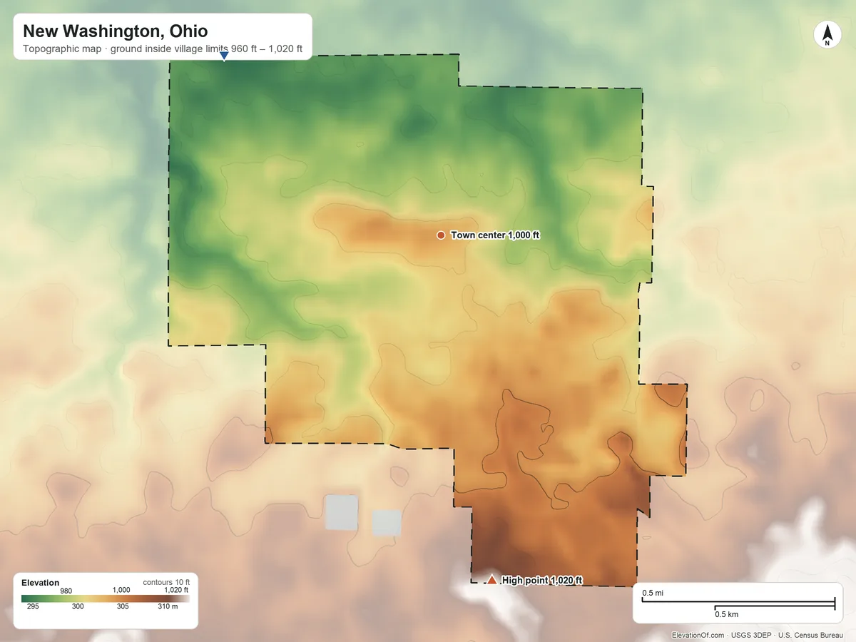 Topographic elevation map of New Washington, Ohio, shaded from 960 ft on the northwest side to 1,020 ft on the south side