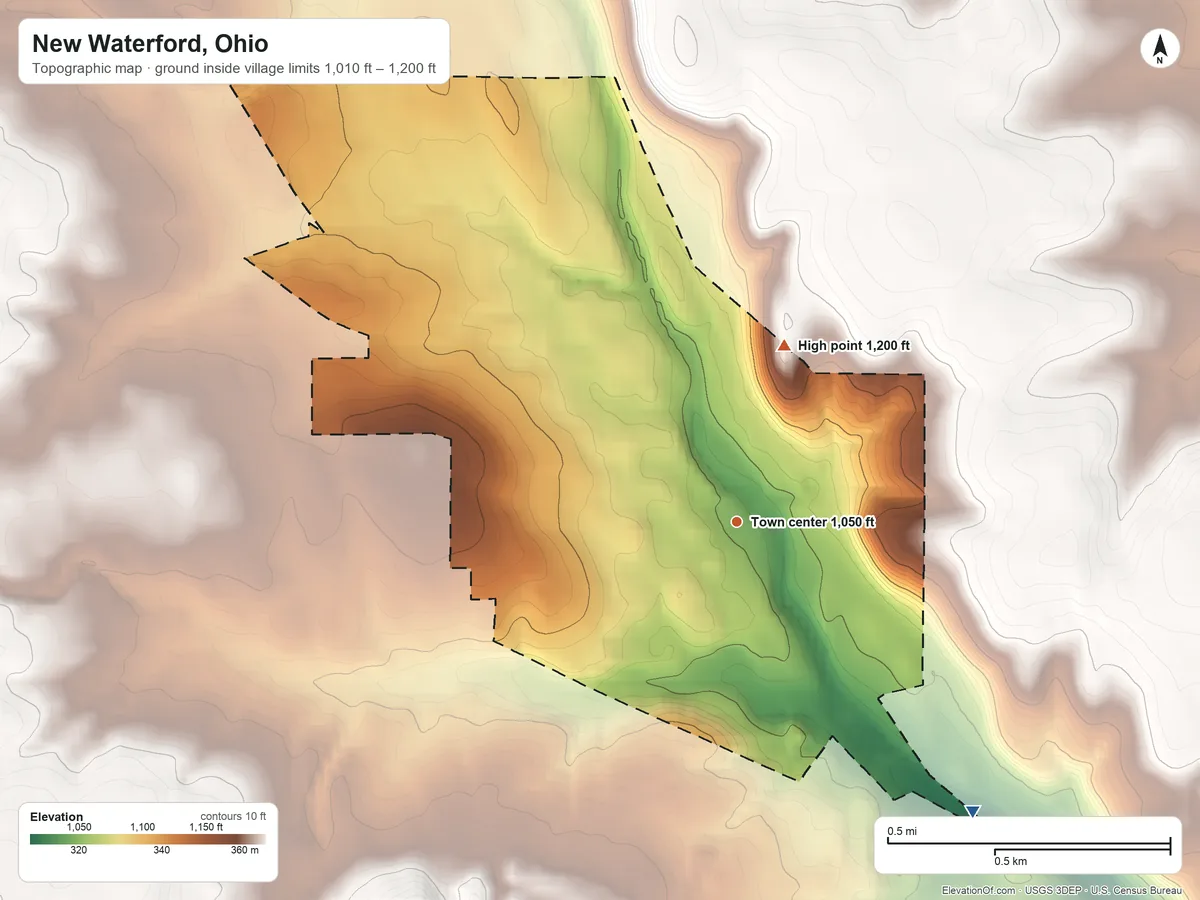 Topographic elevation map of New Waterford, Ohio, shaded from 1,010 ft on the southeast side to 1,200 ft on the north side