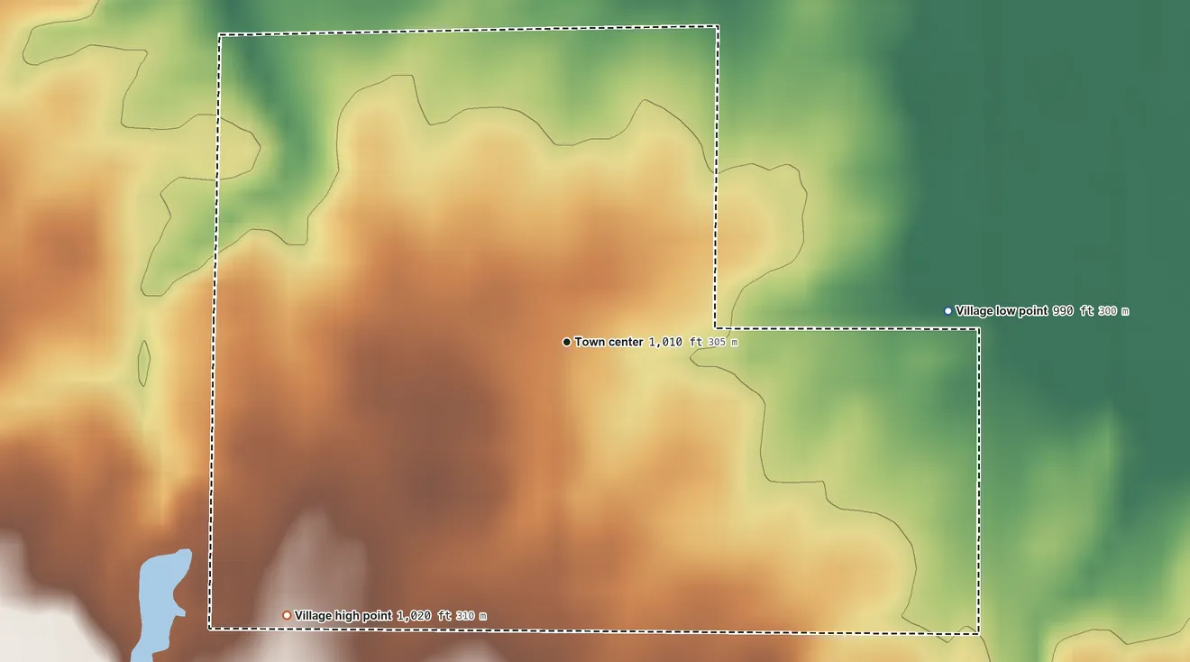 Topographic elevation map of New Weston, Ohio, shaded from 990 ft on the east side to 1,020 ft on the southwest side
