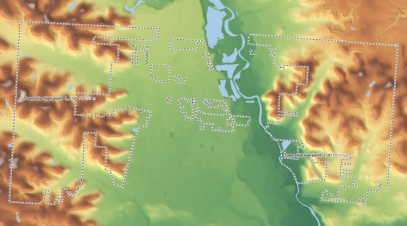 Topographic elevation map of Newark Township, Ohio, shaded from 810 ft on the southeast side to 1,150 ft on the west side