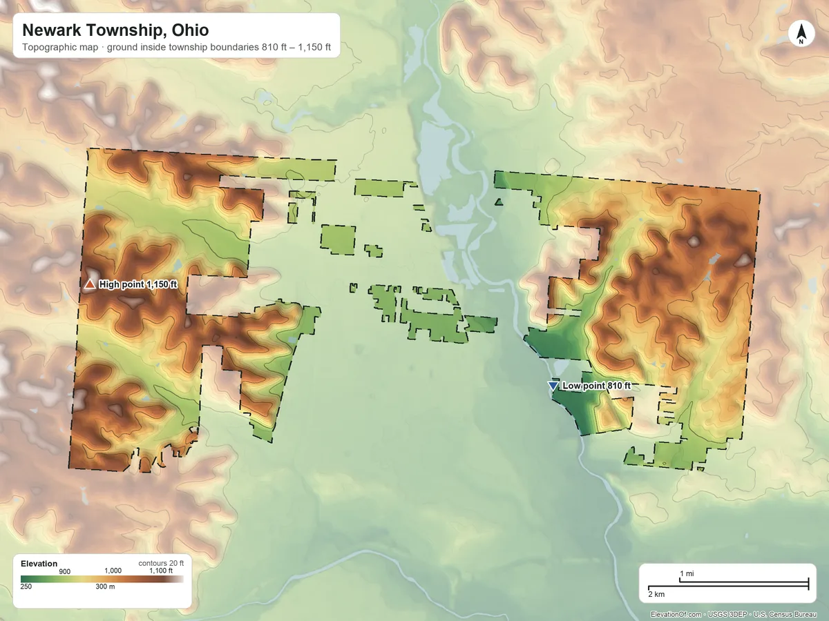 Topographic elevation map of Newark Township, Ohio, shaded from 810 ft on the southeast side to 1,150 ft on the west side