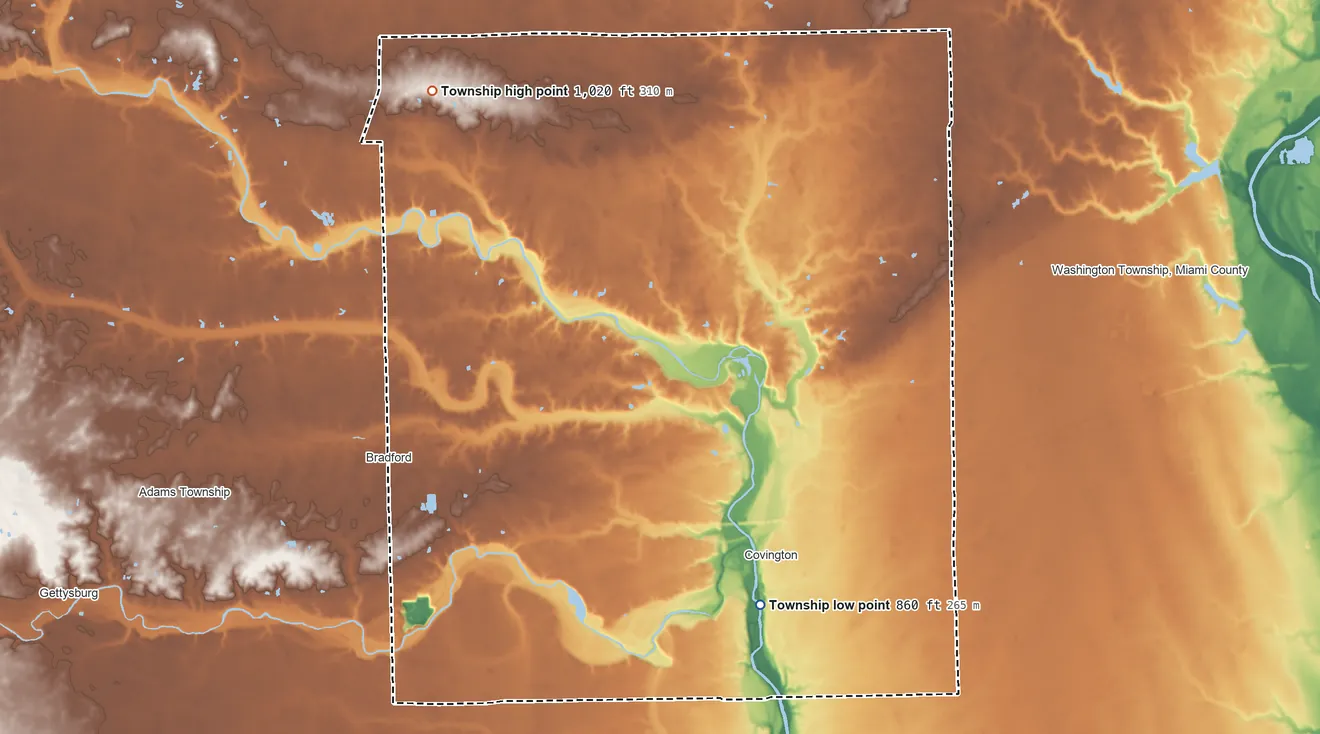 Topographic elevation map of Newberry Township, Ohio, shaded from 860 ft on the southeast side to 1,020 ft on the northwest side