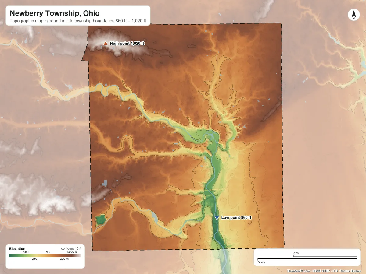 Topographic elevation map of Newberry Township, Ohio, shaded from 860 ft on the southeast side to 1,020 ft on the northwest side