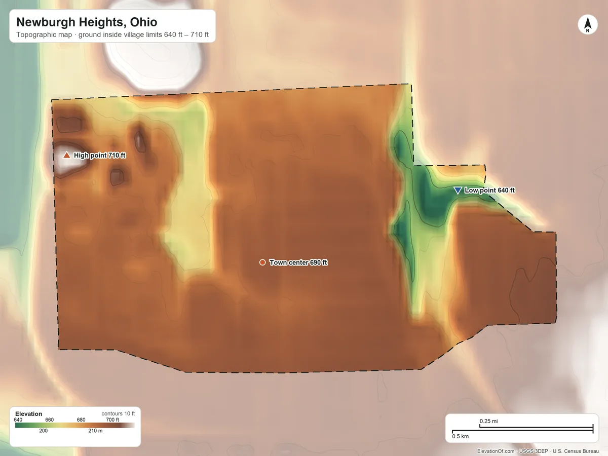 Topographic elevation map of Newburgh Heights, Ohio, shaded from 640 ft on the east side to 710 ft on the northwest side