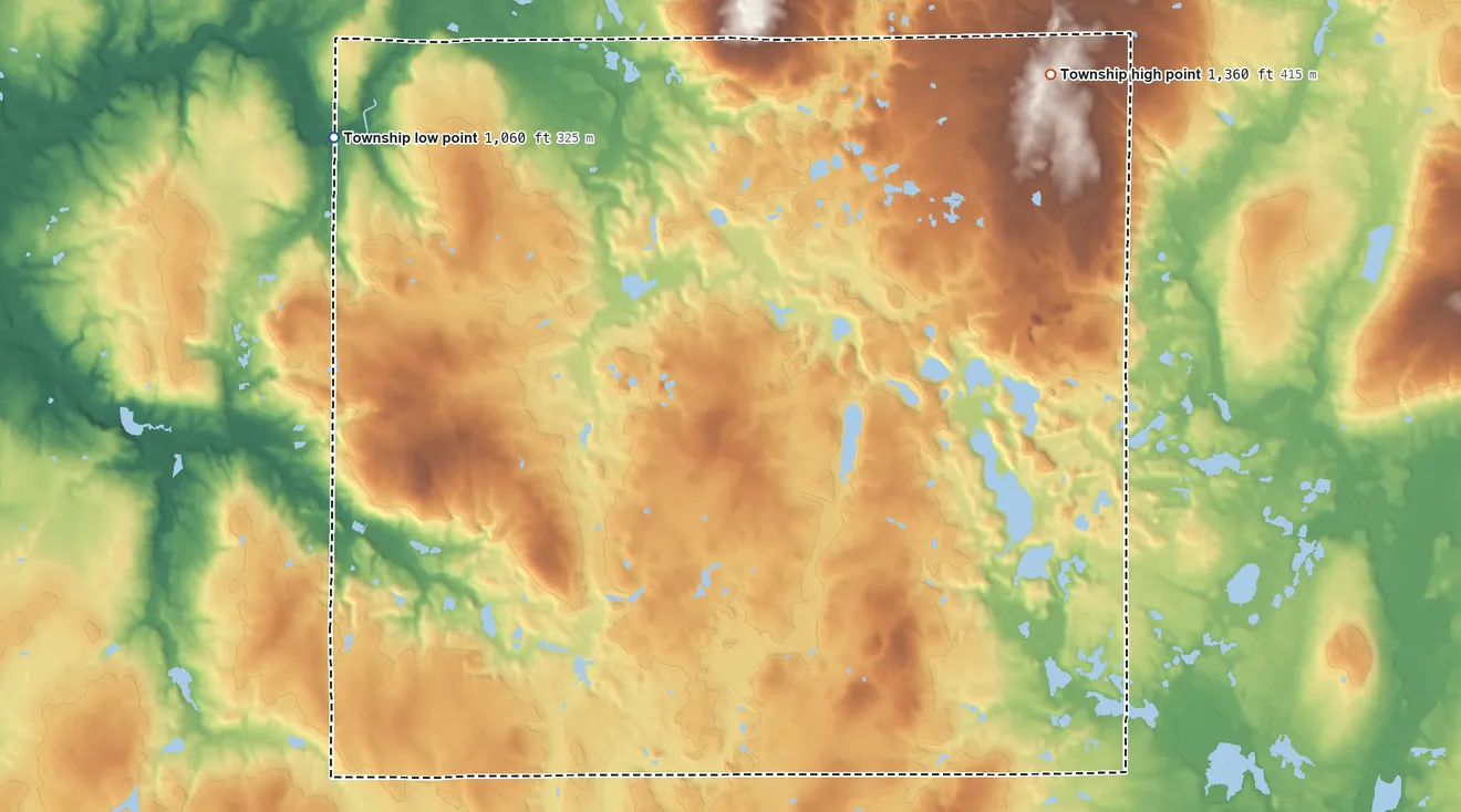 Topographic elevation map of Newbury Township, Ohio, shaded from 1,060 ft on the northwest side to 1,360 ft on the northeast side