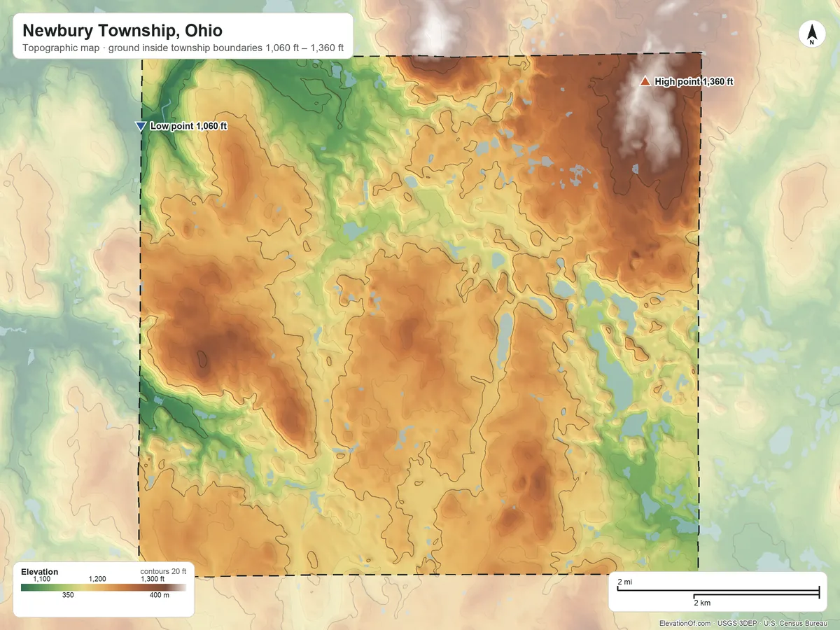 Topographic elevation map of Newbury Township, Ohio, shaded from 1,060 ft on the northwest side to 1,360 ft on the northeast side