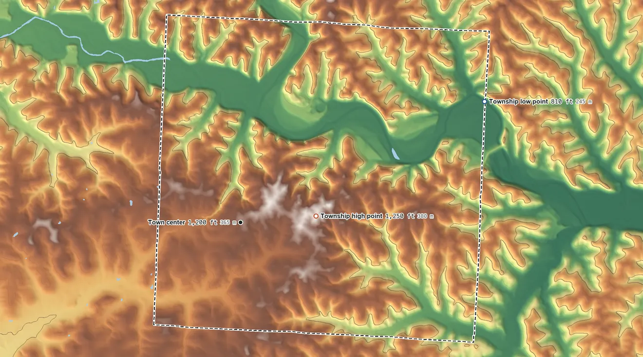 Topographic elevation map of Newcastle Township, Ohio, shaded from 810 ft on the northeast side to 1,250 ft on the east side