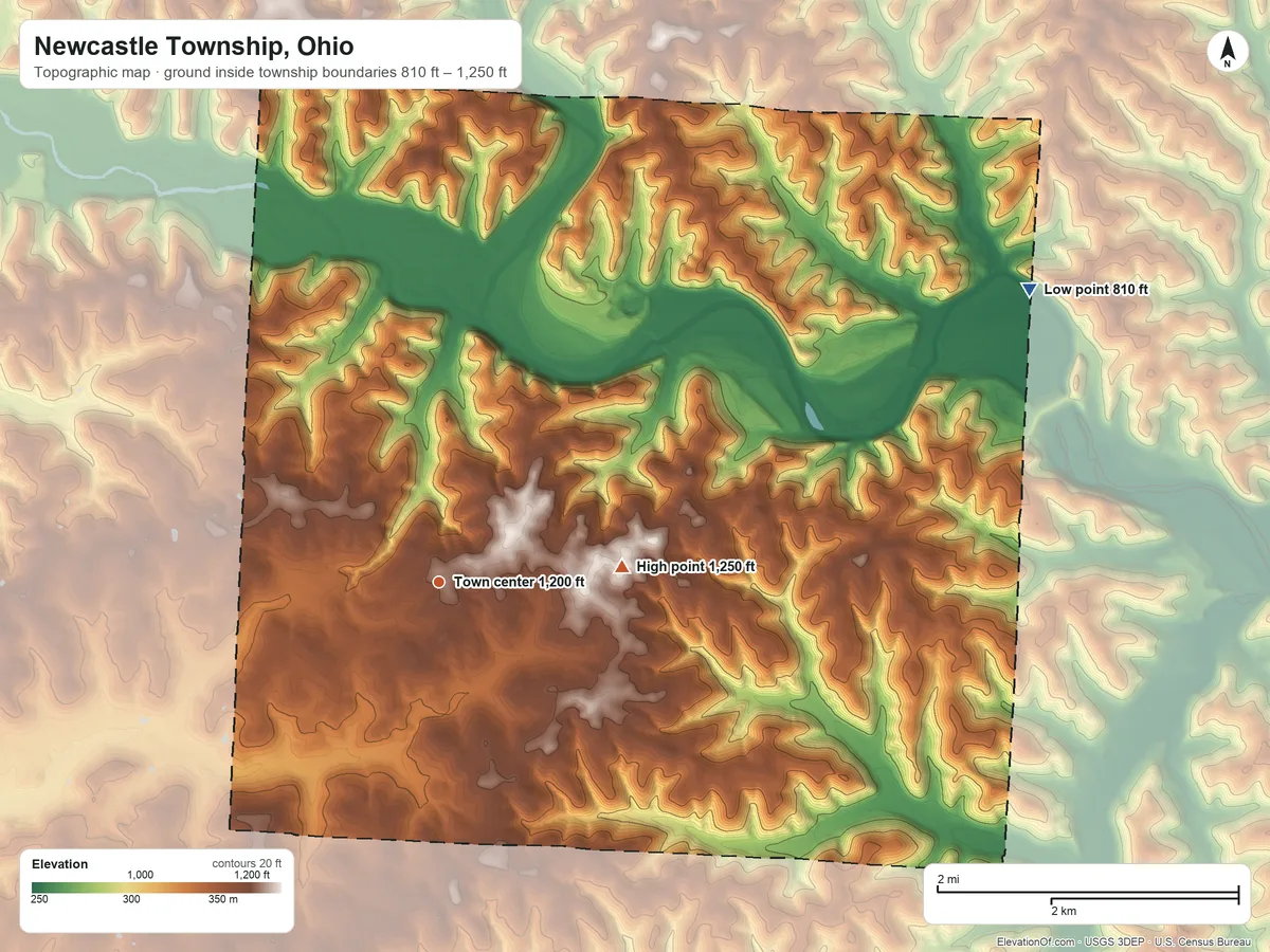 Topographic elevation map of Newcastle Township, Ohio, shaded from 810 ft on the northeast side to 1,250 ft on the east side