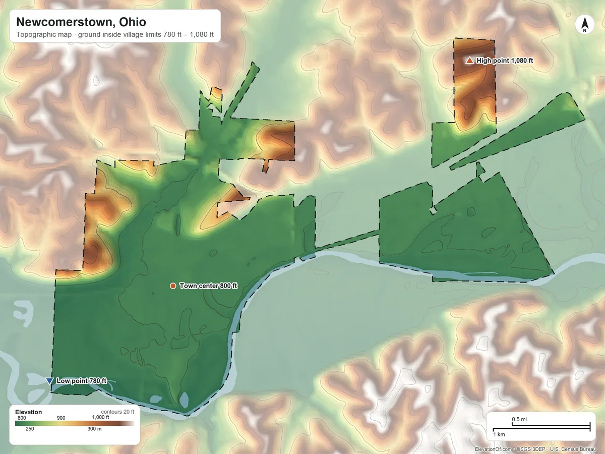 Topographic elevation map of Newcomerstown, Ohio, shaded from 780 ft on the southwest side to 1,080 ft on the northeast side