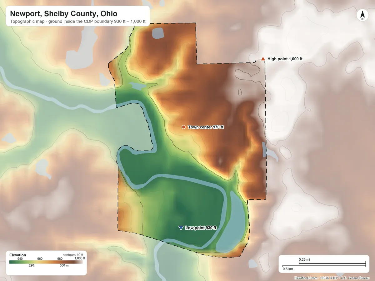 Topographic elevation map of Newport, Shelby County, Ohio, shaded from 930 ft on the south side to 1,000 ft on the northeast side
