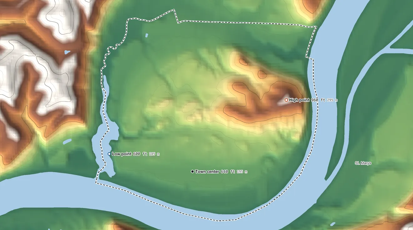 Topographic elevation map of Newport, Ohio, shaded from 600 ft on the west side to 960 ft on the northeast side