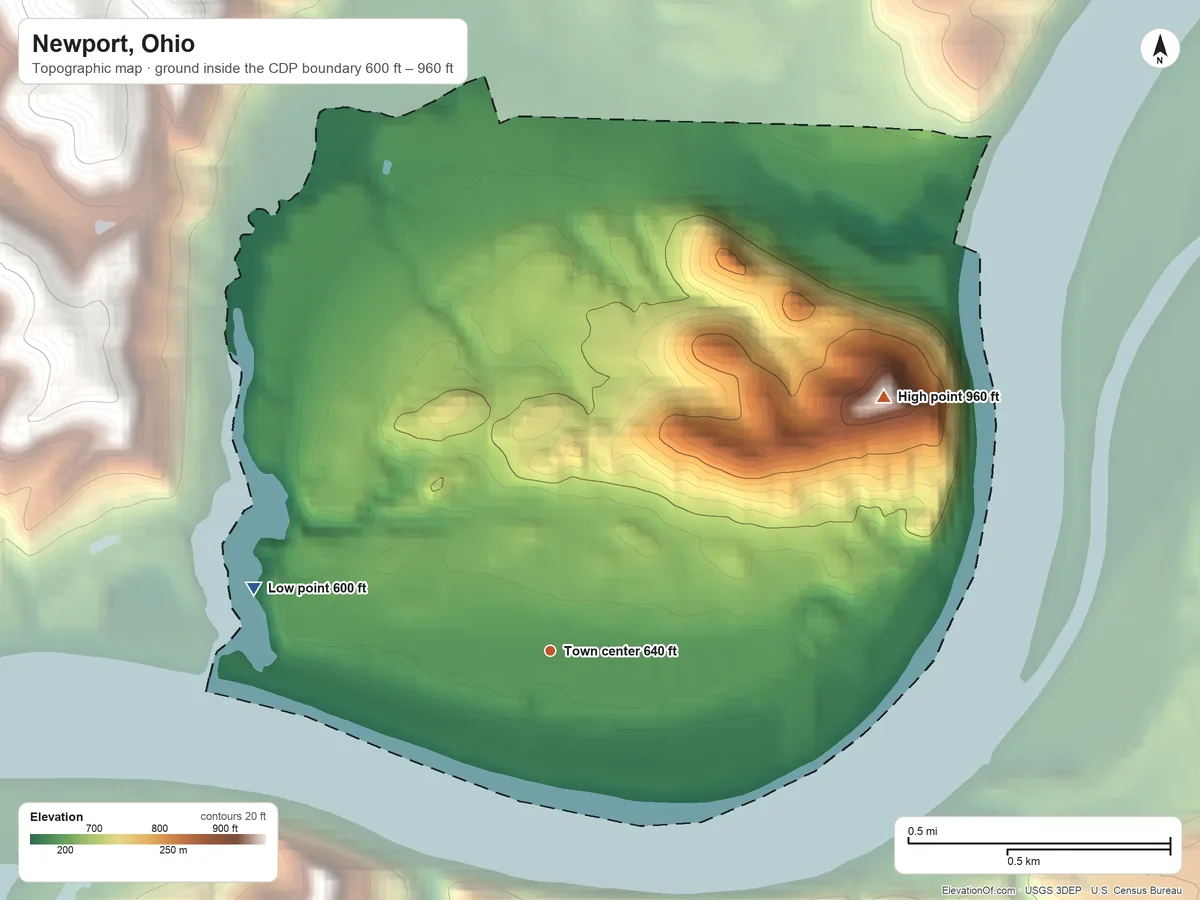 Topographic elevation map of Newport, Ohio, shaded from 600 ft on the west side to 960 ft on the northeast side
