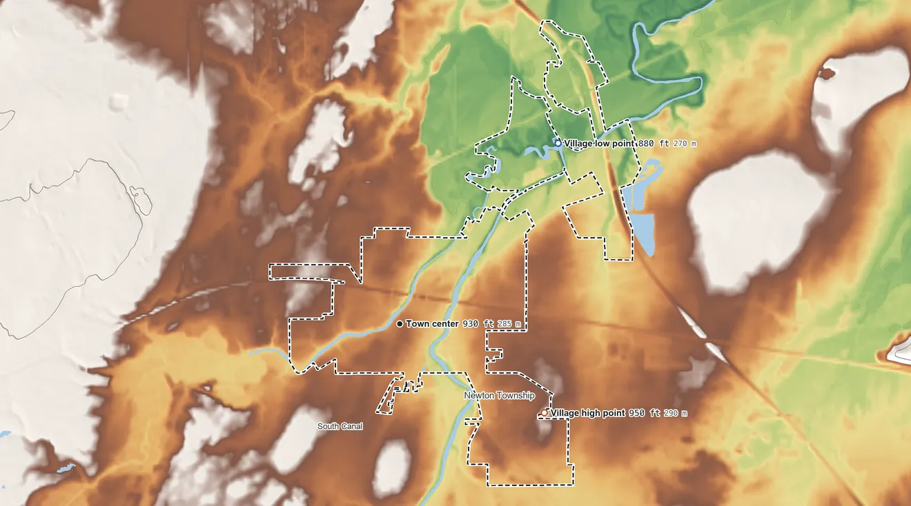 Topographic elevation map of Newton Falls, Ohio, shaded from 880 ft on the northeast side to 950 ft on the southeast side