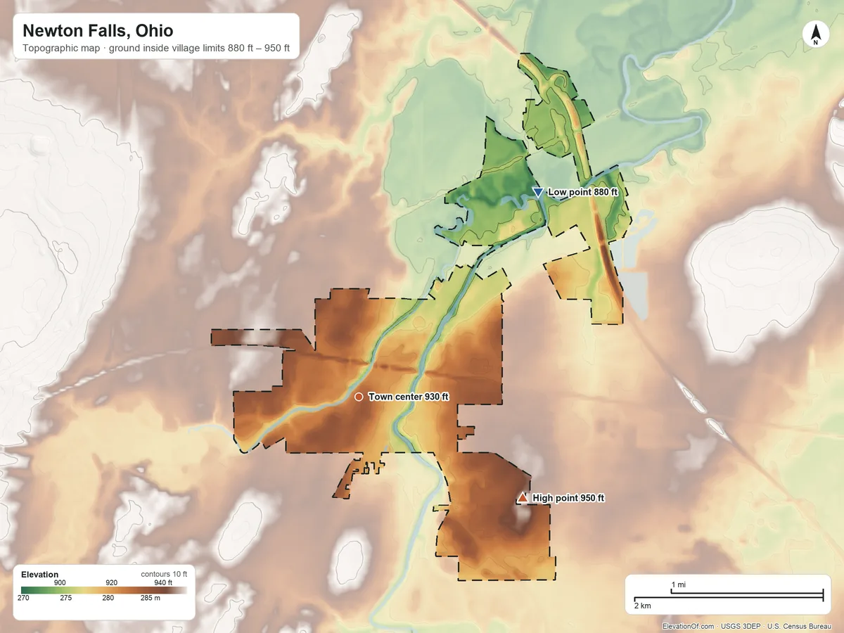 Topographic elevation map of Newton Falls, Ohio, shaded from 880 ft on the northeast side to 950 ft on the southeast side