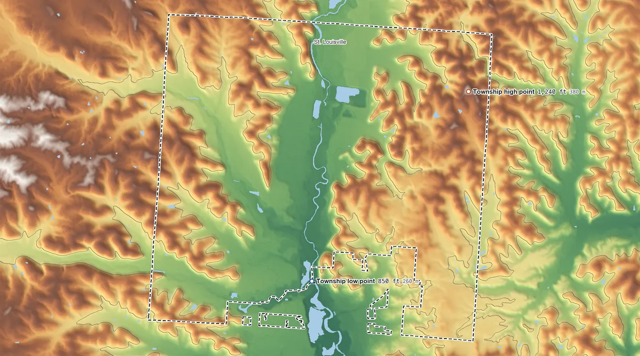 Topographic elevation map of Newton Township, Licking County, Ohio, shaded from 850 ft on the south side to 1,240 ft on the northeast side