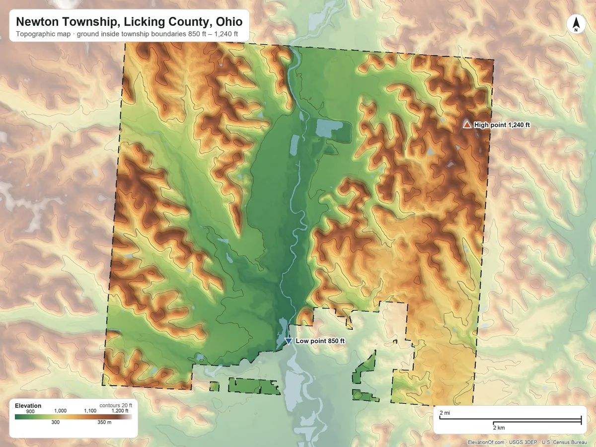 Topographic elevation map of Newton Township, Licking County, Ohio, shaded from 850 ft on the south side to 1,240 ft on the northeast side