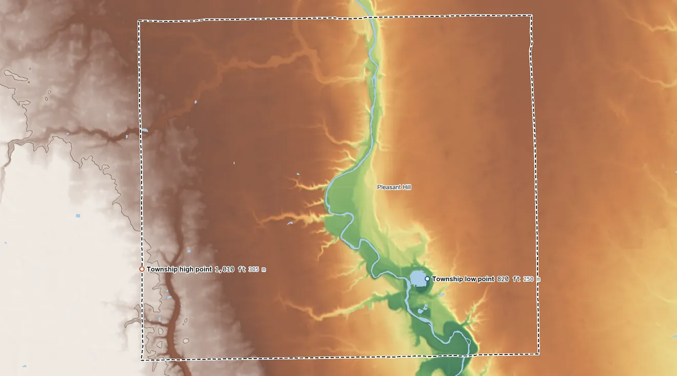 Topographic elevation map of Newton Township, Miami County, Ohio, shaded from 820 ft on the southeast side to 1,010 ft on the southwest side