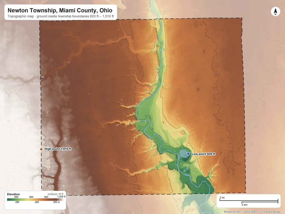 Topographic elevation map of Newton Township, Miami County, Ohio, shaded from 820 ft on the southeast side to 1,010 ft on the southwest side