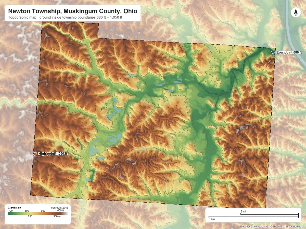 Topographic elevation map of Newton Township, Muskingum County, Ohio, shaded from 680 ft on the east side to 1,050 ft on the southwest side