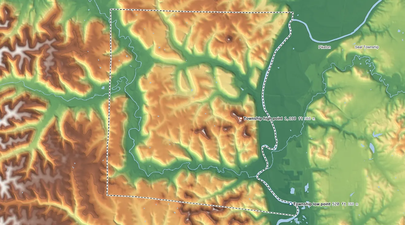 Topographic elevation map of Newton Township, Pike County, Ohio, shaded from 520 ft on the southeast side to 1,180 ft on Jasper Knob