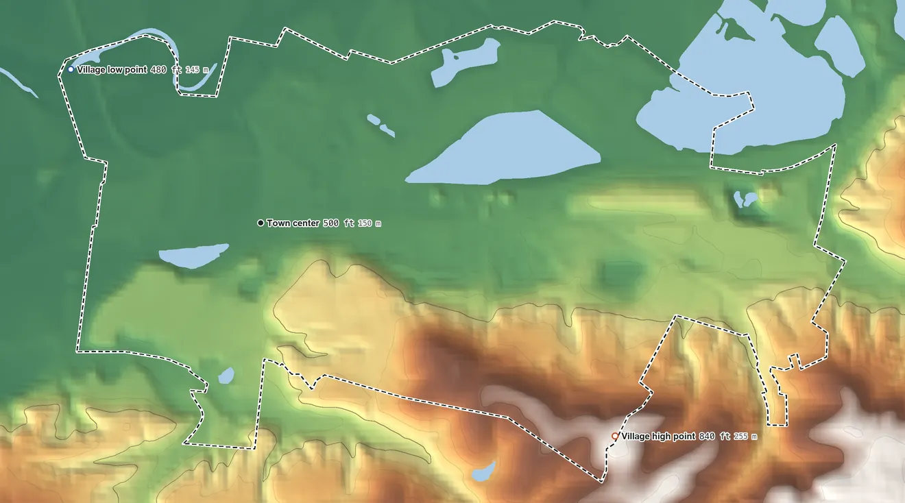 Topographic elevation map of Newtown, Ohio, shaded from 480 ft on the northwest side to 840 ft on the southeast side