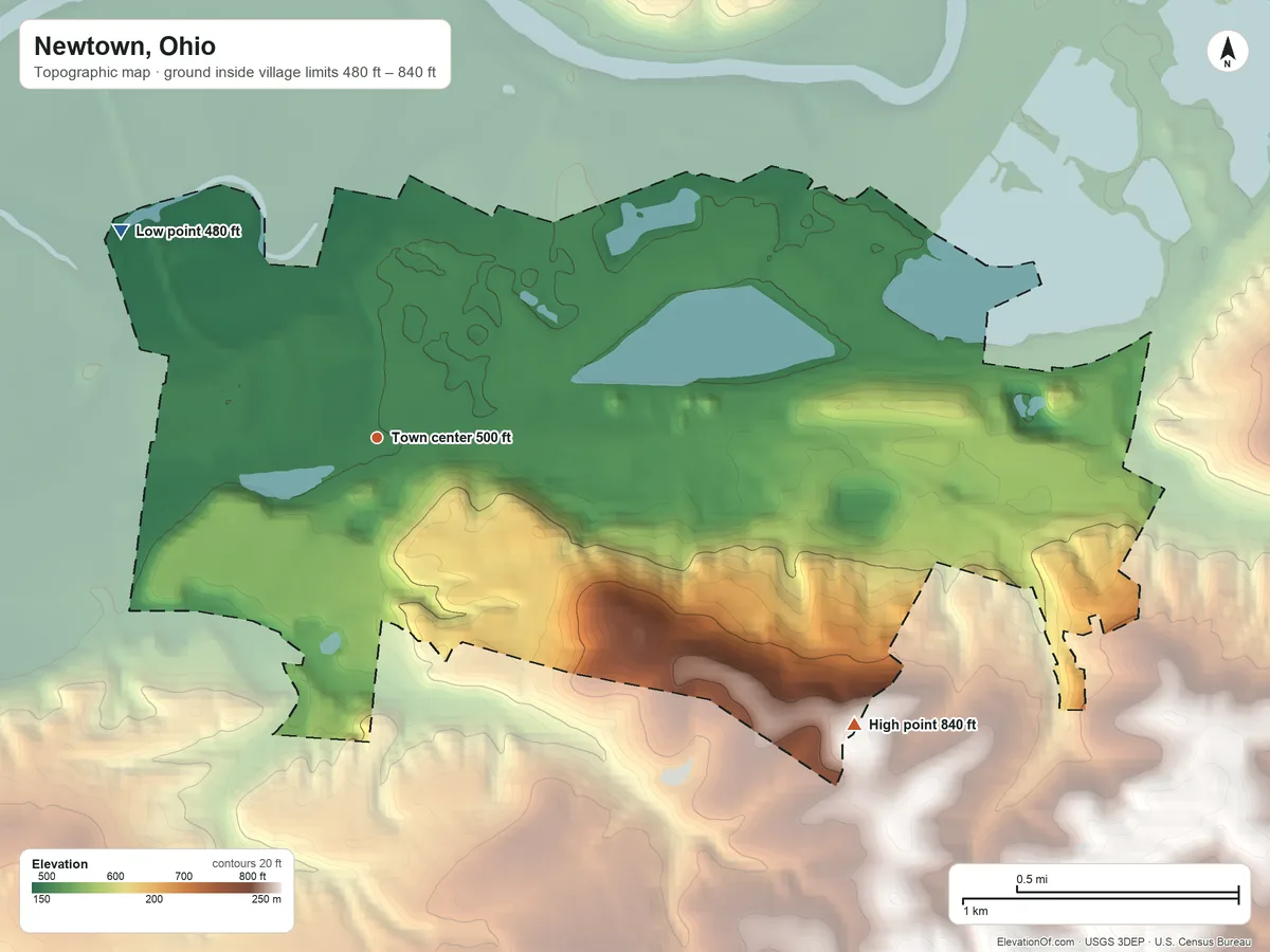 Topographic elevation map of Newtown, Ohio, shaded from 480 ft on the northwest side to 840 ft on the southeast side