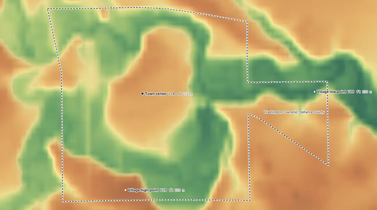 Topographic elevation map of Ney, Ohio, shaded from 700 ft on the east side to 720 ft on the south side