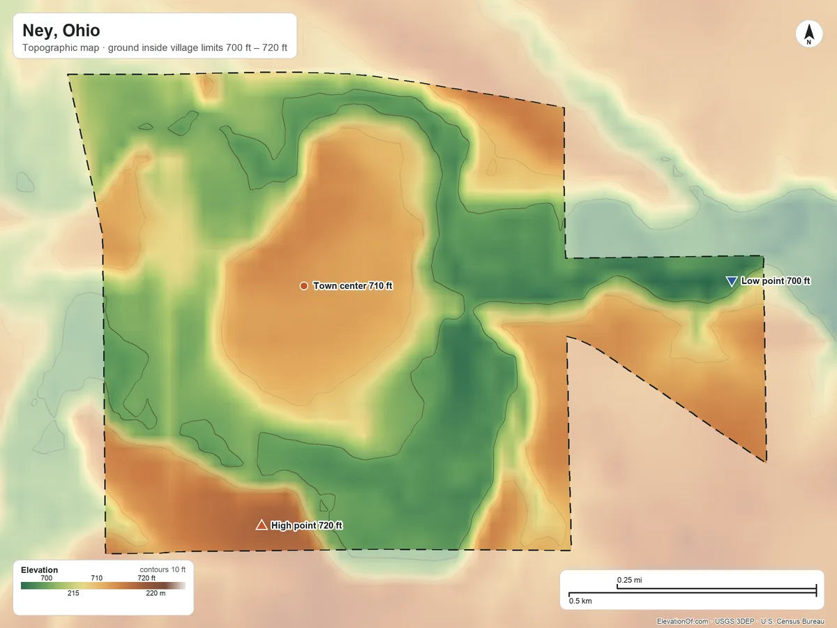 Topographic elevation map of Ney, Ohio, shaded from 700 ft on the east side to 720 ft on the south side