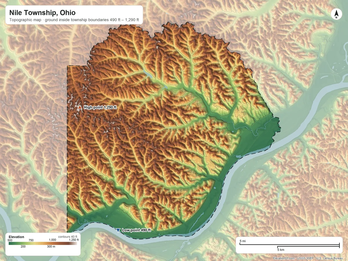 Topographic elevation map of Nile Township, Ohio, shaded from 490 ft on the southwest side to 1,290 ft on the west side