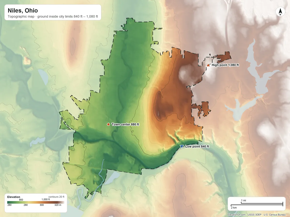 Topographic elevation map of Niles, Ohio, shaded from 840 ft on the east side to 1,080 ft on the northeast side