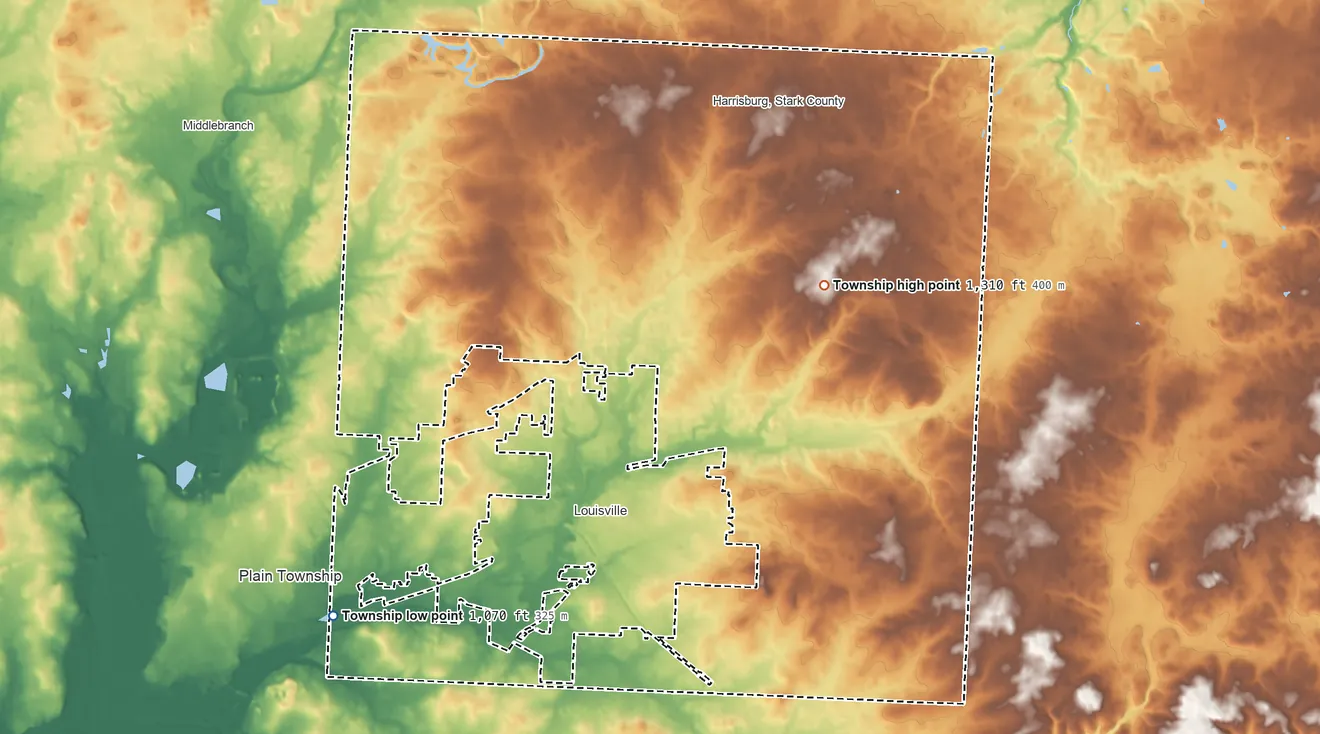 Topographic elevation map of Nimishillen Township, Ohio, shaded from 1,070 ft on the southwest side to 1,310 ft on the northeast side