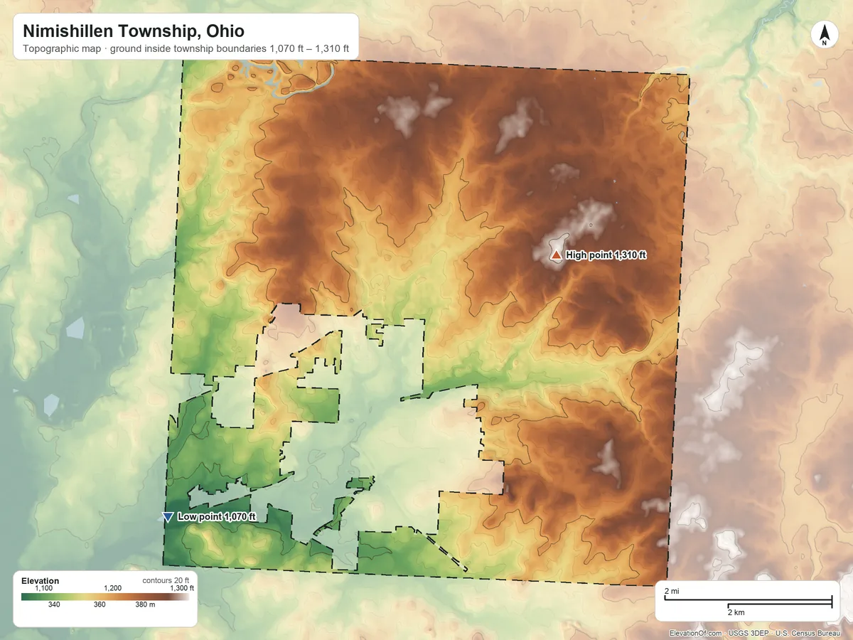 Topographic elevation map of Nimishillen Township, Ohio, shaded from 1,070 ft on the southwest side to 1,310 ft on the northeast side