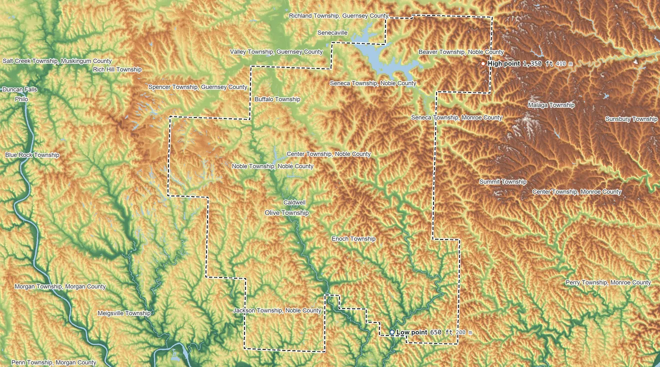 Topographic elevation map of Noble County, Ohio, shaded from 650 ft on the southeast side to 1,350 ft on the northeast side