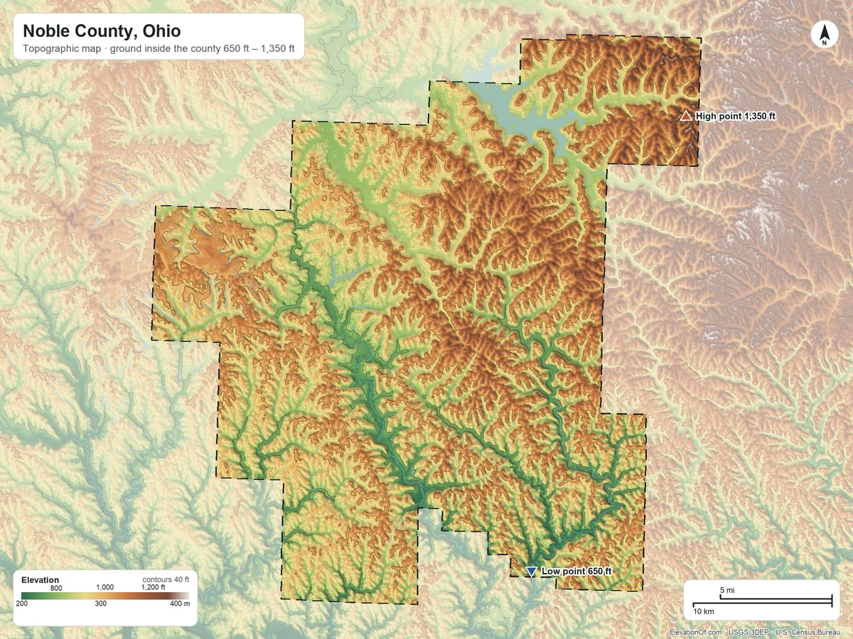 Topographic elevation map of Noble County, Ohio, shaded from 650 ft on the southeast side to 1,350 ft on the northeast side