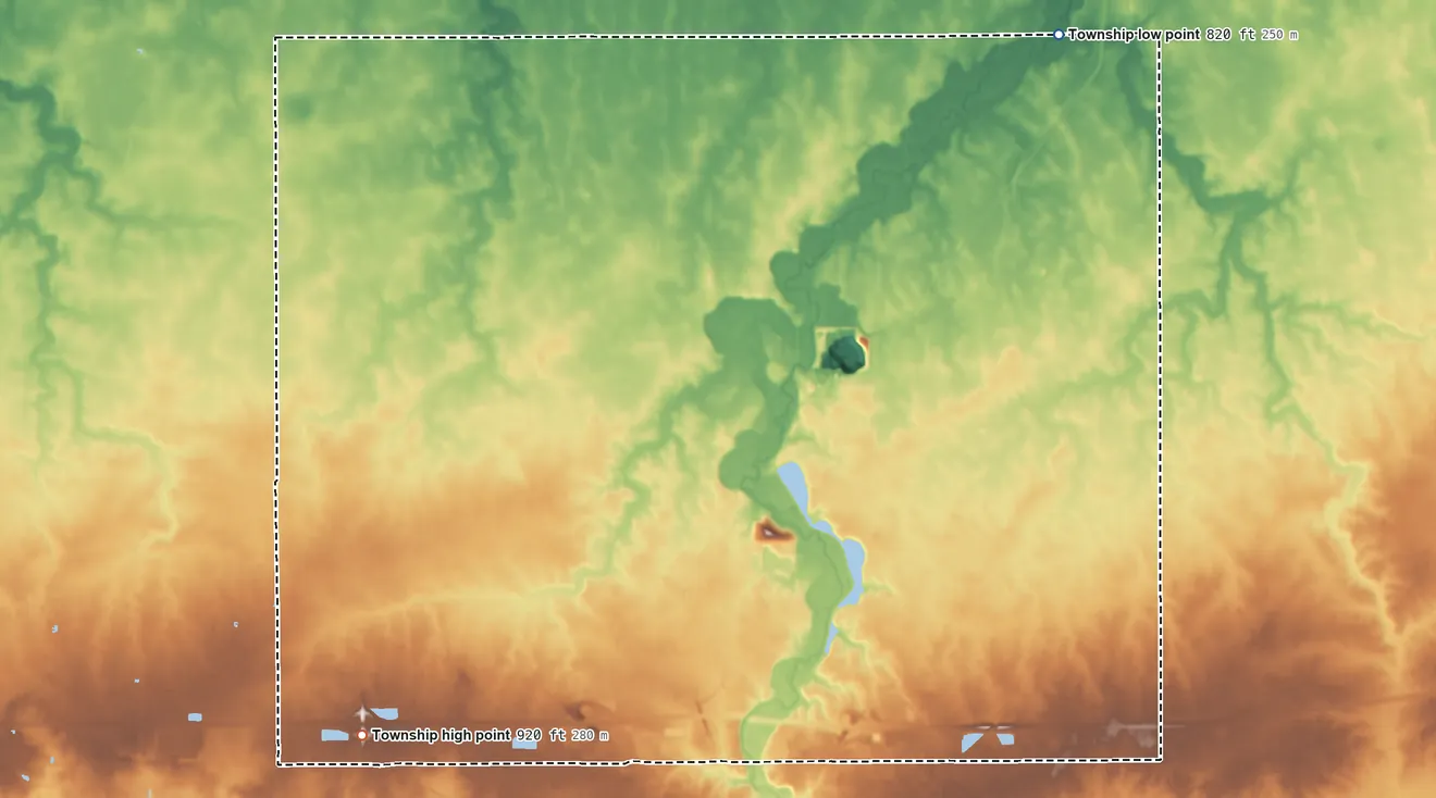Topographic elevation map of Noble Township, Auglaize County, Ohio, shaded from 820 ft on the northeast side to 920 ft on the southwest side