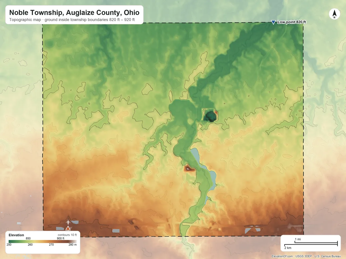 Topographic elevation map of Noble Township, Auglaize County, Ohio, shaded from 820 ft on the northeast side to 920 ft on the southwest side