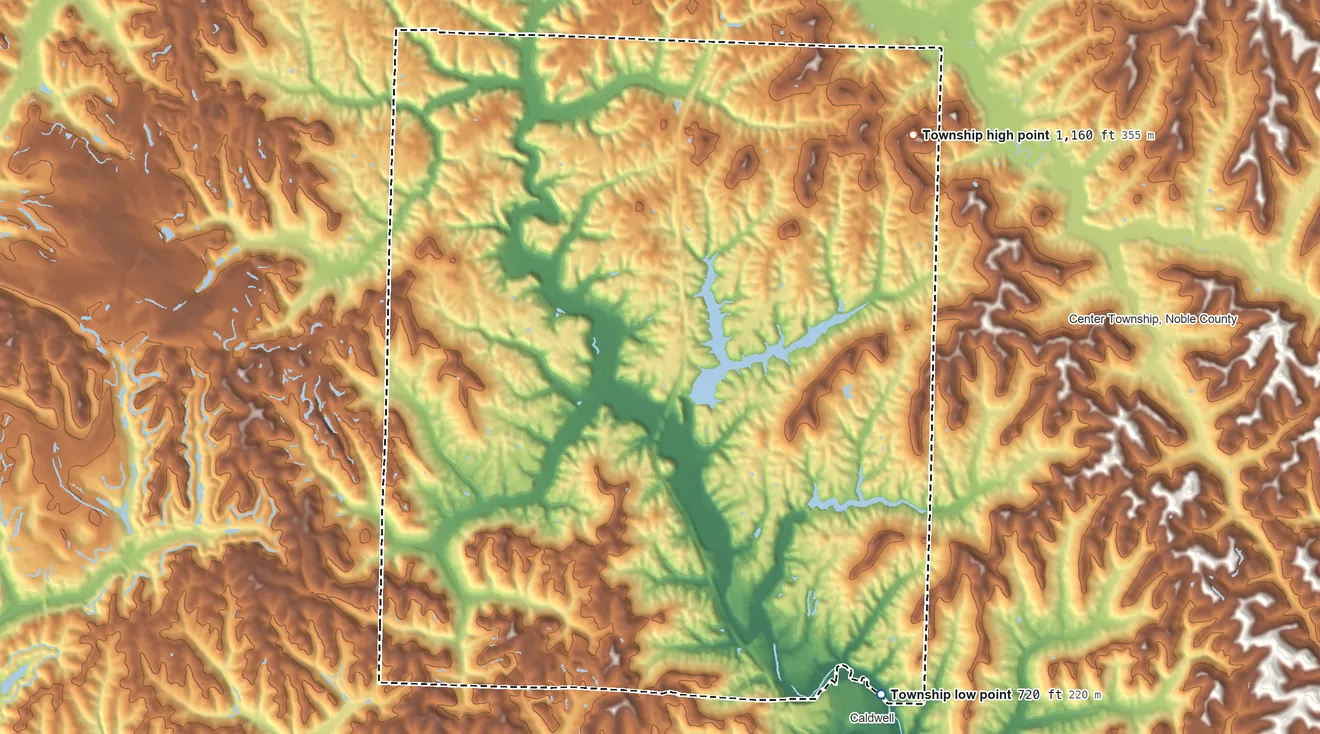Topographic elevation map of Noble Township, Noble County, Ohio, shaded from 720 ft on the southeast side to 1,160 ft on the northeast side
