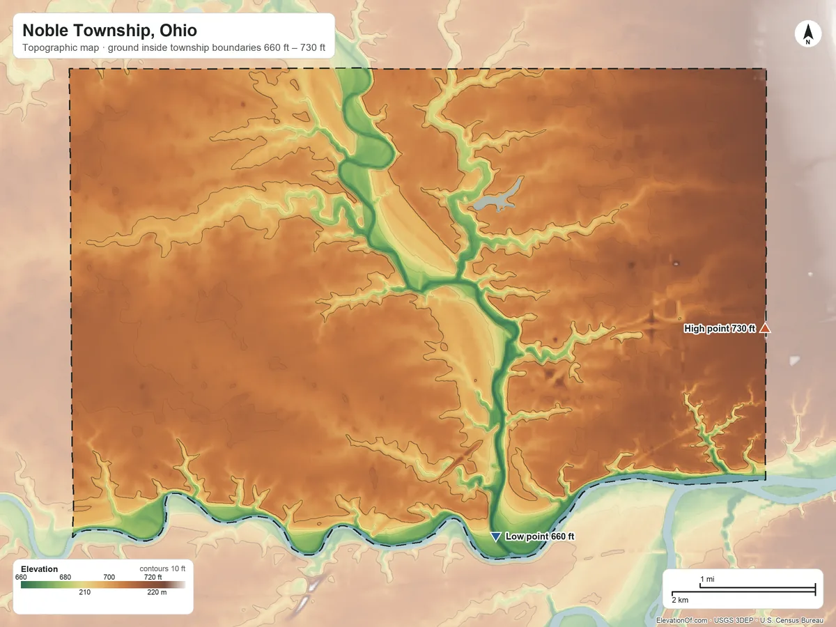 Topographic elevation map of Noble Township, Ohio, shaded from 660 ft on the south side to 730 ft on the east side