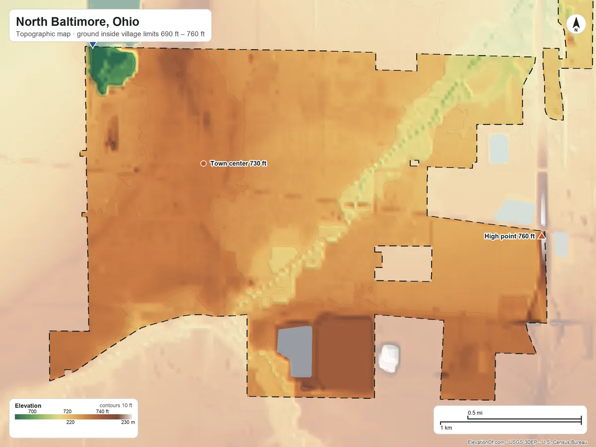 Topographic elevation map of North Baltimore, Ohio, shaded from 690 ft on the northwest side to 760 ft on the east side