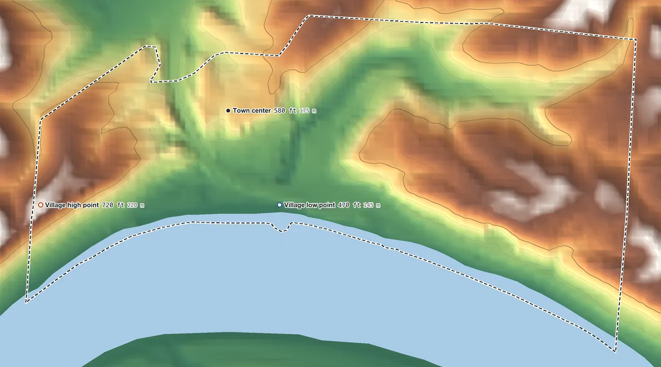 Topographic elevation map of North Bend, Ohio, shaded from 470 ft on the southeast side to 720 ft on the southwest side
