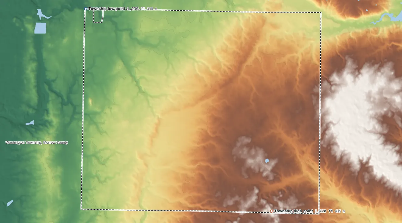 Topographic elevation map of North Bloomfield Township, Ohio, shaded from 1,130 ft on the northwest side to 1,420 ft on the southeast side