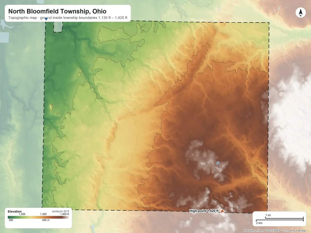 Topographic elevation map of North Bloomfield Township, Ohio, shaded from 1,130 ft on the northwest side to 1,420 ft on the southeast side