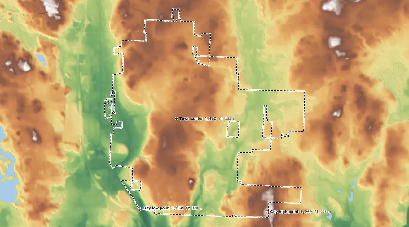Topographic elevation map of North Canton, Ohio, shaded from 1,050 ft on the south side to 1,200 ft on the southeast side