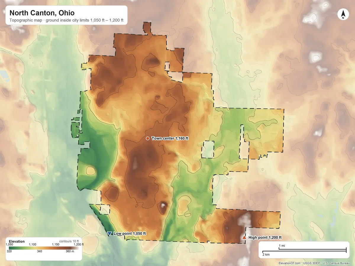 Topographic elevation map of North Canton, Ohio, shaded from 1,050 ft on the south side to 1,200 ft on the southeast side