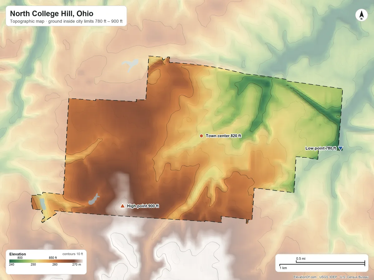 Topographic elevation map of North College Hill, Ohio, shaded from 780 ft on the east side to 900 ft on the southwest side