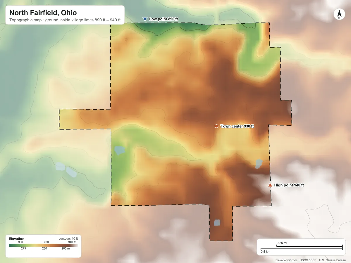 Topographic elevation map of North Fairfield, Ohio, shaded from 890 ft on the northwest side to 940 ft on the southeast side