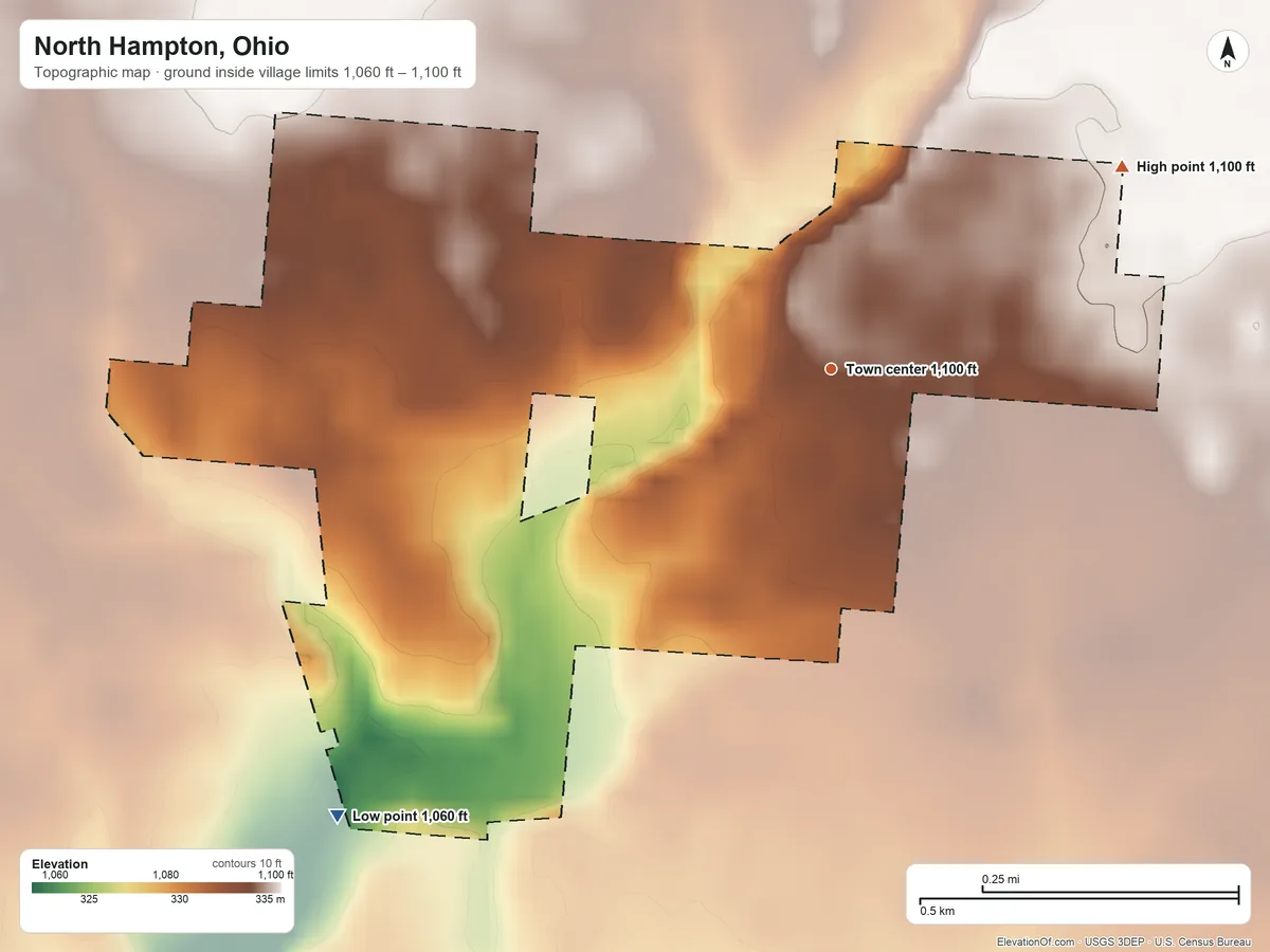 Topographic elevation map of North Hampton, Ohio, shaded from 1,060 ft on the southwest side to 1,100 ft on the northeast side
